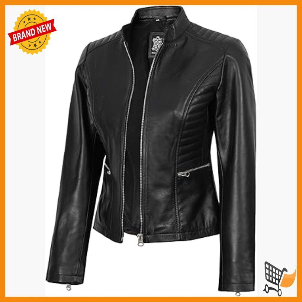 Lambskin Leather Jacket Women Cafe Racer Slim Fit Stand Collar